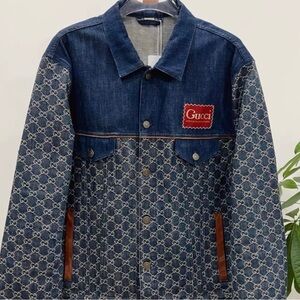 Gucci Blue Patterned Denim Jacket with Brown Details